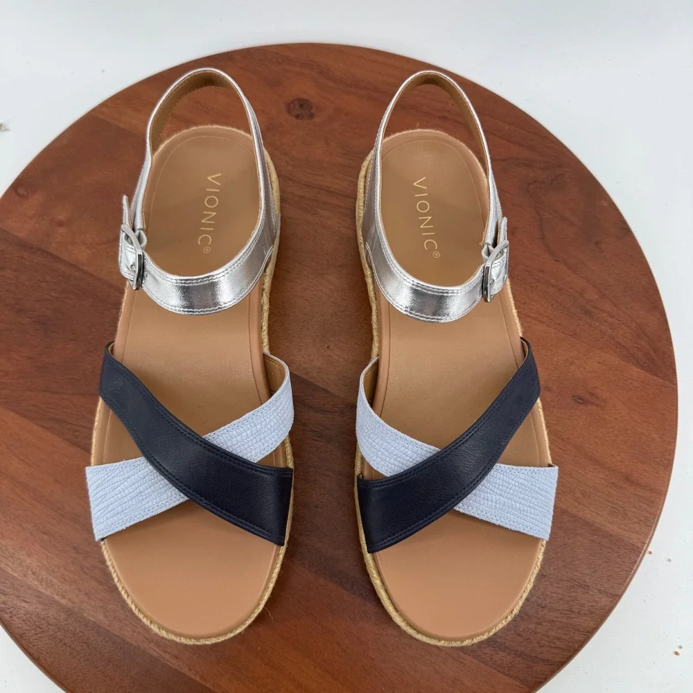 Vionic Mar Navy‎ Multi Leather Platform Espadrille Orthotic Sandals Womens 11M
